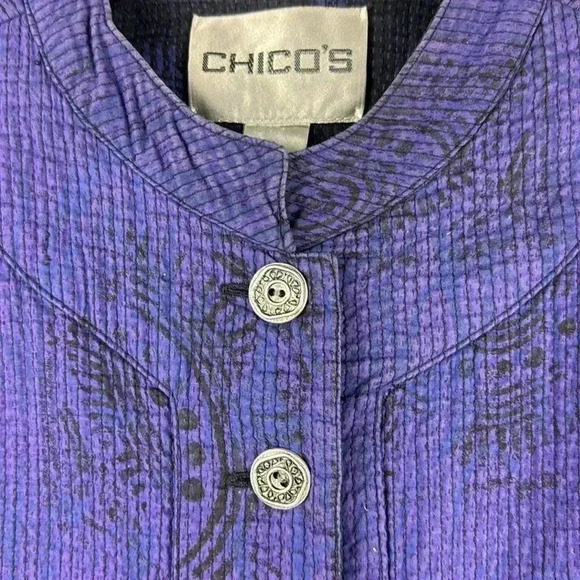CHICOS PURPLE&BLACK COTTON MANDARIN COLLAR DECORATIVE SILVER BUTTONS REVERSIBLE - Picture 2 of 6